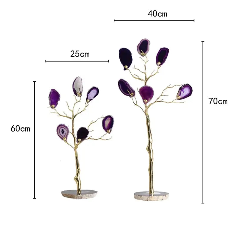 Two elegant purple and teal golden agate tree art pieces with gold-toned branches and stone bases for living room decor