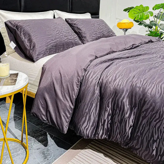 Purple zebra print satin duvet cover set showcasing luxurious bedroom cover set with quilt kit in vibrant design