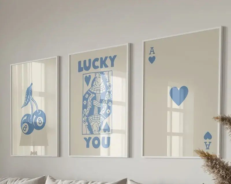 DecorBites™ art set of three framed wall art prints with blue and cream hearts wall art playing card designs