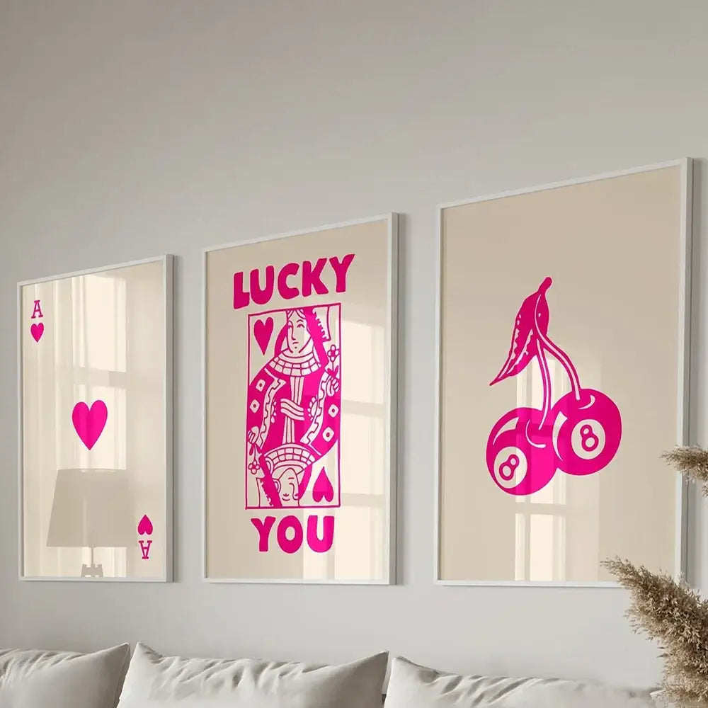 Decorbites™ 3-piece retro queen of hearts wall art set featuring vibrant pink hearts wall art on beige background