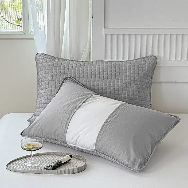 Quilted gray decorbites cotton pillowcase with white stripe and gray piping for bedroom grid pattern decor