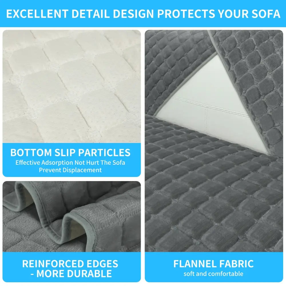 Quilted gray plush flannel fabric sofa protector with reinforced edges for non slip living room slipcover