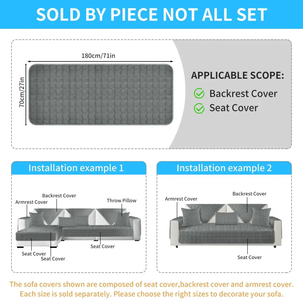 Quilted gray plush sofa cover with textured grid pattern for living room non slip slipcover
