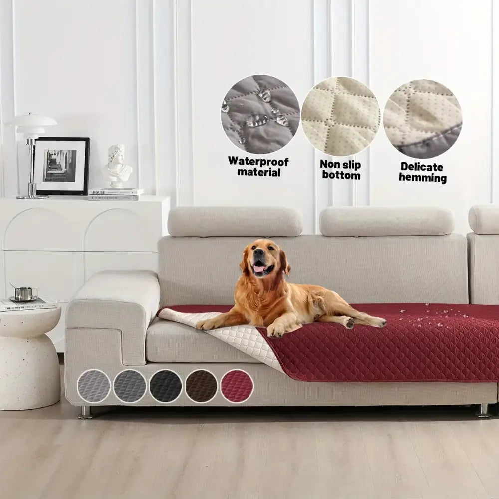 Red quilted dog bed cover with waterproof material and non slip bottom for durable bed protection