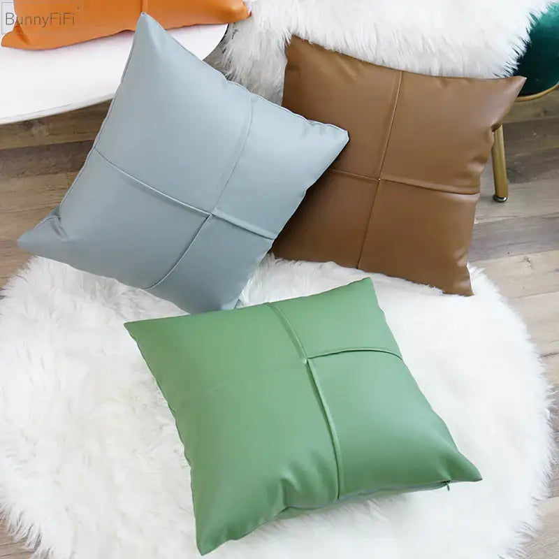 Three square decorative throw pillow covers in light blue brown and green quilted faux leather for living room decorbites ivory leather pillow