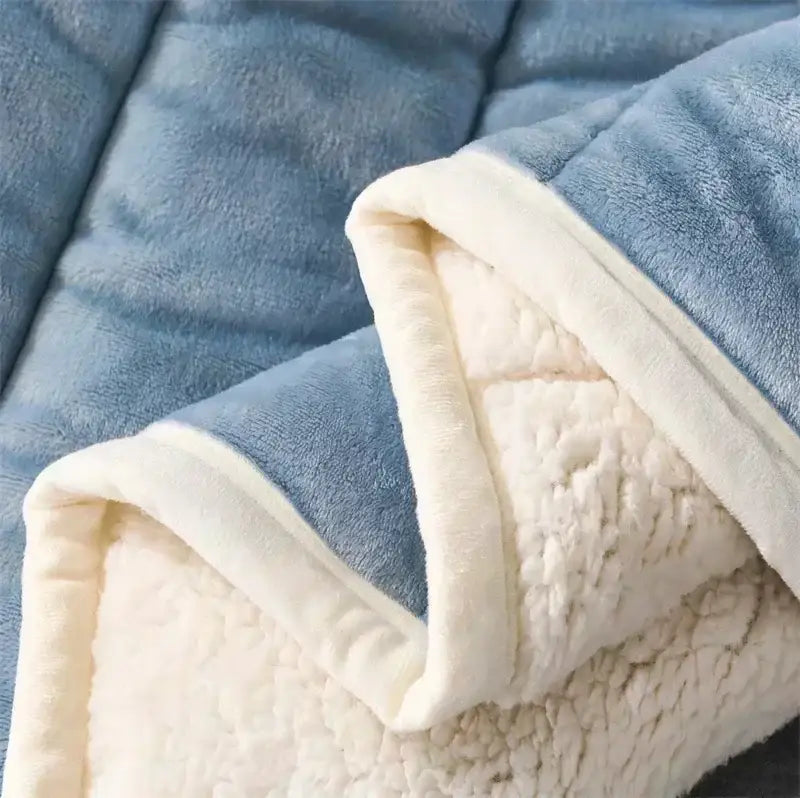 Quilted light blue and cream coral fleece blanket with plush sherpa exterior and cozy fleece lining by decorbites cozy