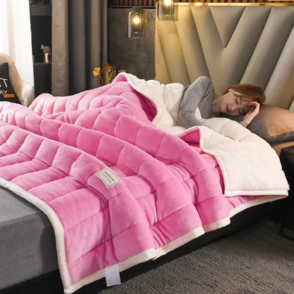 Pink quilted fleece bed blanket with white sherpa lining from decorbites cozy coral fleece collection for warmth and comfort