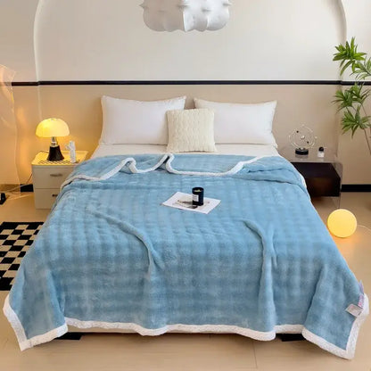 Light blue quilted throw blanket with white fleece trim made of imitation rabbit velvet for warm bedroom decorbites imitation rabbit