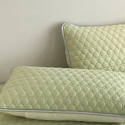 Light green quilted pillow sham with honeycomb texture and silver piping for decorbites cooling mat bedding set