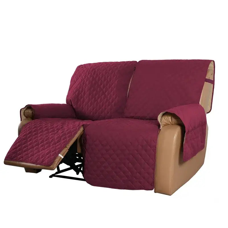 Maroon quilted fabric sofa cover with diamond stitching and tan leather trim for recliner slipcover use