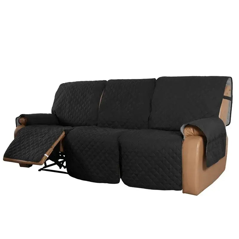 Black quilted recliner slipcover with diamond-stitched pattern designed for living room use and water repellency