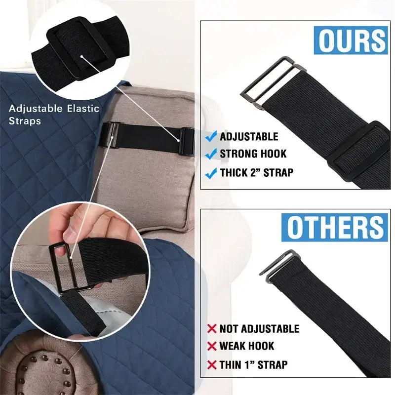 Black adjustable elastic straps with metal hooks and 2-inch width for secure pet or furniture coverage on teal recliner slipcover