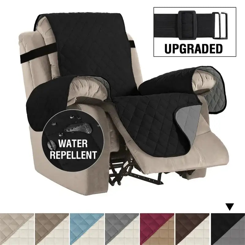 Black quilted recliner chair cover with water repellent fabric and upgraded adjustable straps for living room use