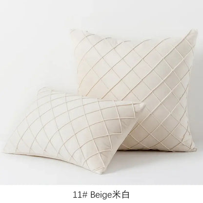 Beige quilted velvet lattice cushion cover with subtle embroidered diamond pattern for living room decor