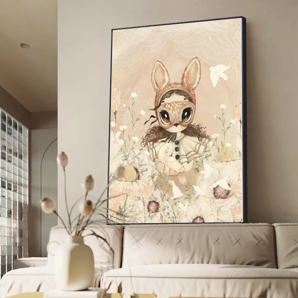 A framed DecorBites™ beige rabbit girl canvas print featuring a whimsical illustrated deer in pastel tones for kids room