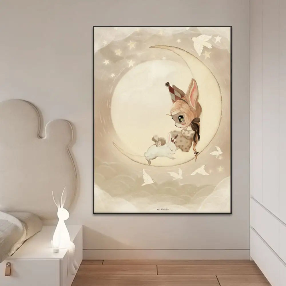 A beige rabbit girl canvas print featuring a whimsical bunny illustration on crescent moon for kids room decor