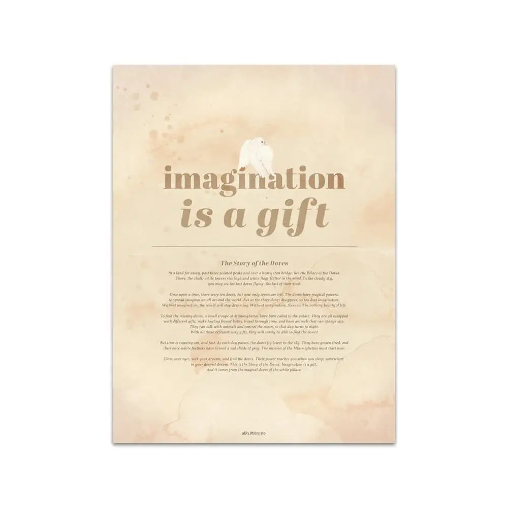 Decorbites™ beige rabbit girl canvas print featuring imagination is a gift text with dove illustration for kidsató room