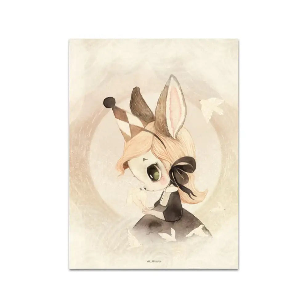 A soft beige decorbites™ rabbit girl canvas print featuring a chibi bunny with a checkered hat for kidsató room