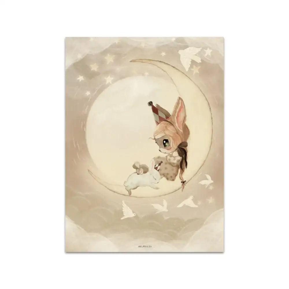 Beige rabbit girl canvas print featuring a soft watercolor deer and rabbit illustration for kidsató room decor