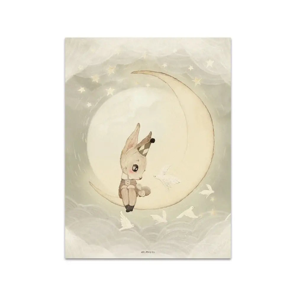 A beige rabbit girl canvas print by decorbites featuring a soft illustration of a rabbit girl on a crescent moon