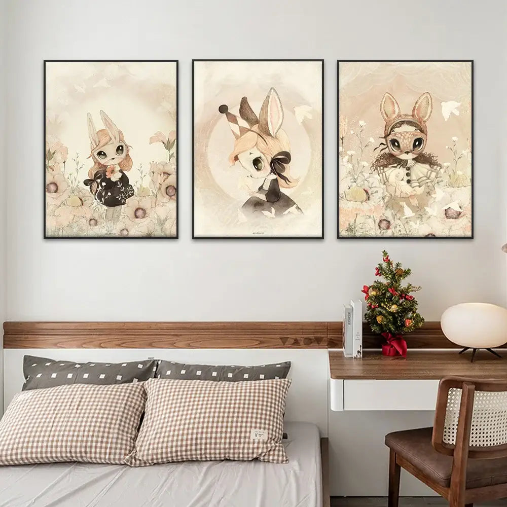 Three framed beige rabbit girl canvas prints with floral backgrounds perfect for kidsató room decorbites decor