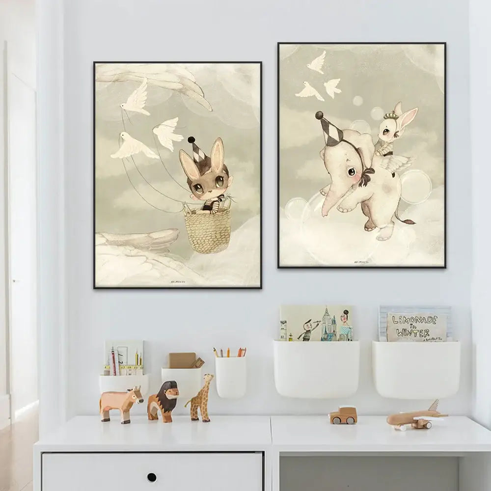 Two black framed sepia-toned illustrations featuring whimsical rabbit girl canvas prints for kidsató room décor