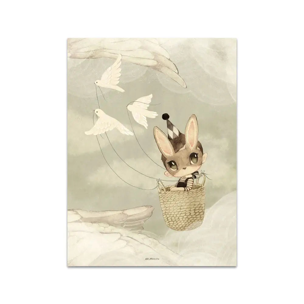 Whimsical beige rabbit girl canvas print featuring a cartoon rabbit in a woven basket for kidsató room decor