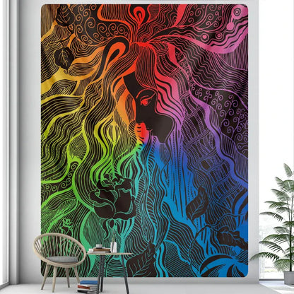 Vibrant rainbow-colored decorbites boho girl tapestry featuring stylized flowing figure with intricate black line art