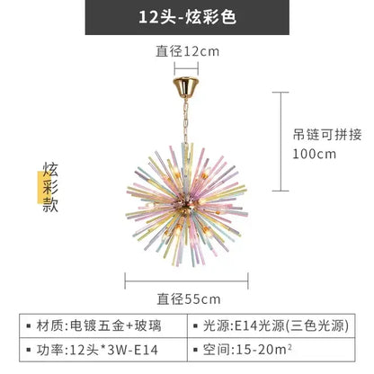 A vibrant 12-head rainbow pastel glass decorbites dandelion chandelier pendant light with iridescent arms and brass fixture