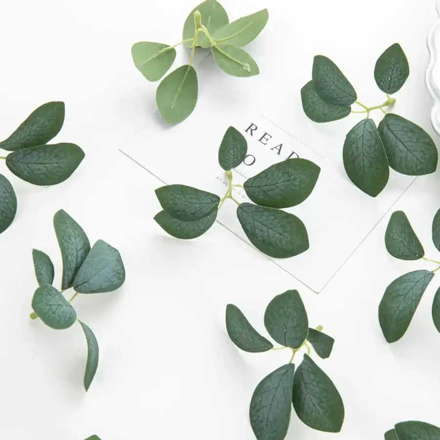 Green eucalyptus leaf clusters with realistic veining and stems in realistic dark green 50pcs silk 5leaf artificial roses wedding decor