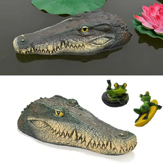 Realistic dark green and beige plastic crocodile head with yellow eyes garden water floating decorbites garden water animal
