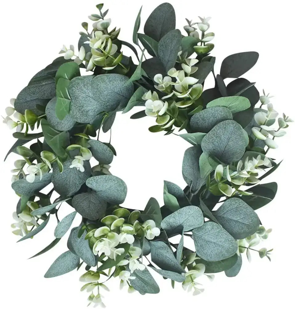 Realistic eucalyptus leaf wreath with white flowers in muted green and gray tones by decorbites eucalyptus for living room decor
