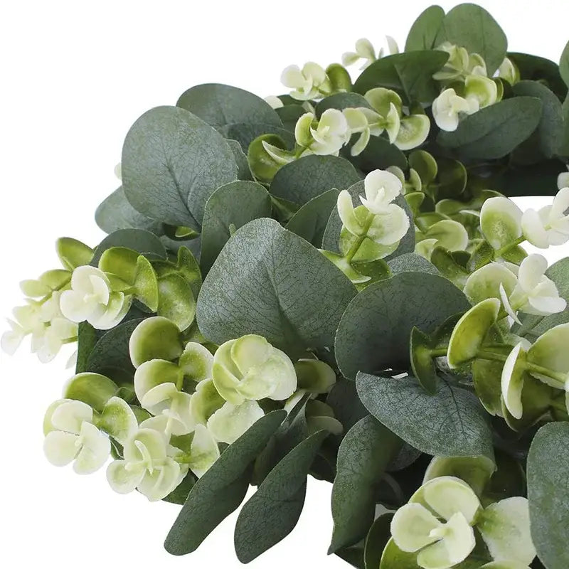 Realistic decorbites eucalyptus leaf wreath with glossy dark green leaves and white flowers for living room decor