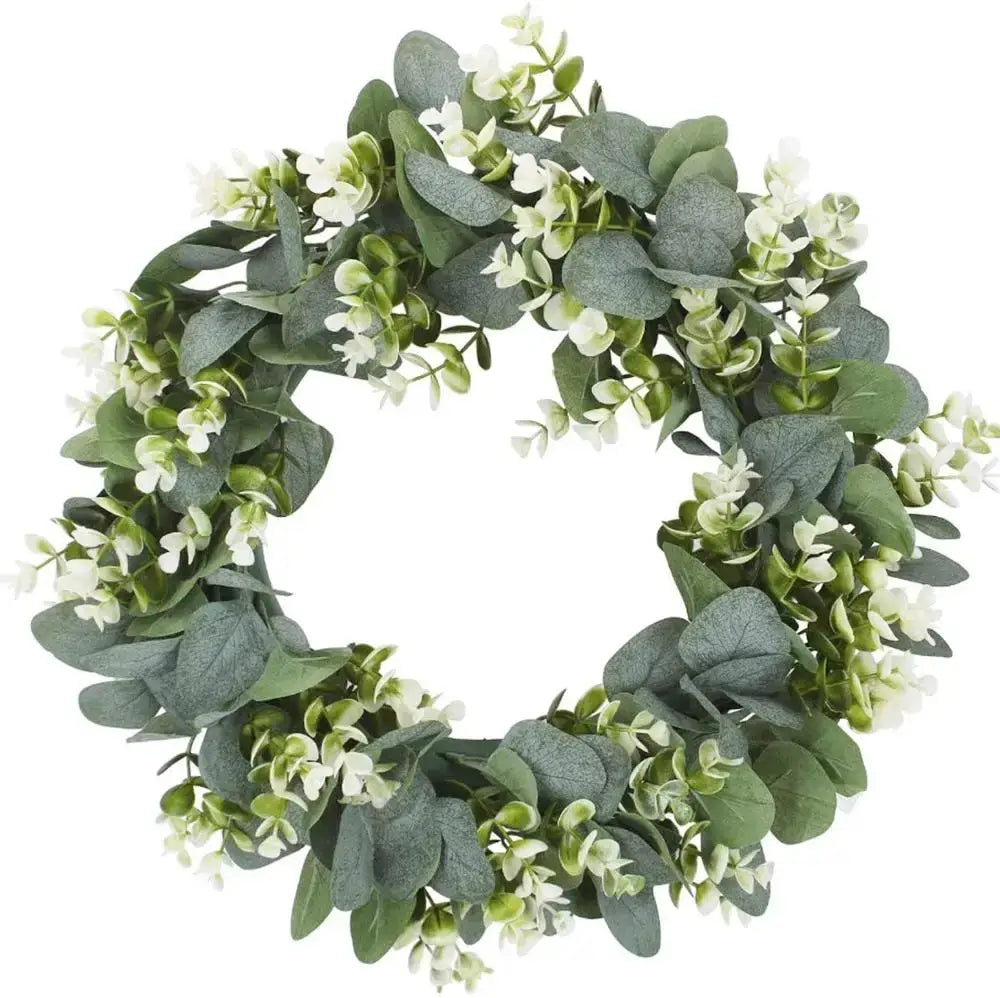 Realistic circular decorbites eucalyptus leaf wreath with white flowers and variegated green leaves for living room decor