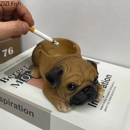 Brown pug-shaped puppies resin ash tray with black ears and nose designed as a functional resin ash tray
