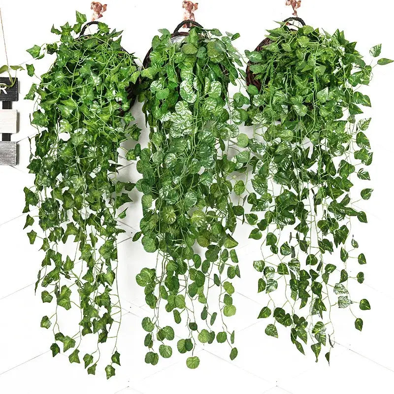 Three hanging decorbites ivy bar baskets with lush green artificial ivy leaves in dark brown woven baskets for living room decor