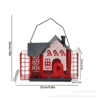 Red and black hanging metal bird feeder decorbites garden mesh suet house with decorative mesh windows and side cages