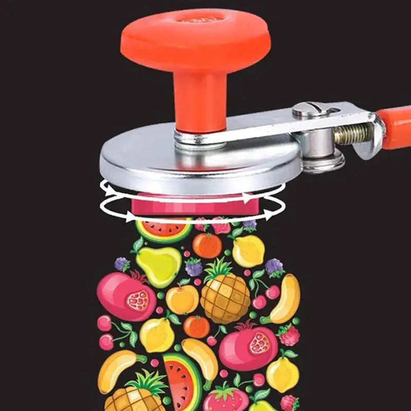 Bright orange-handled can opener with silver metal body and red base for sealer crimper seaming machine use