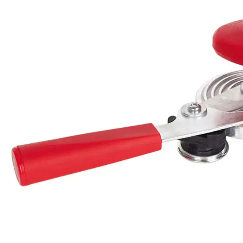 Red and black sealer crimper seaming machine with red plastic handle and metallic spiral cutting mechanism for kitchen use