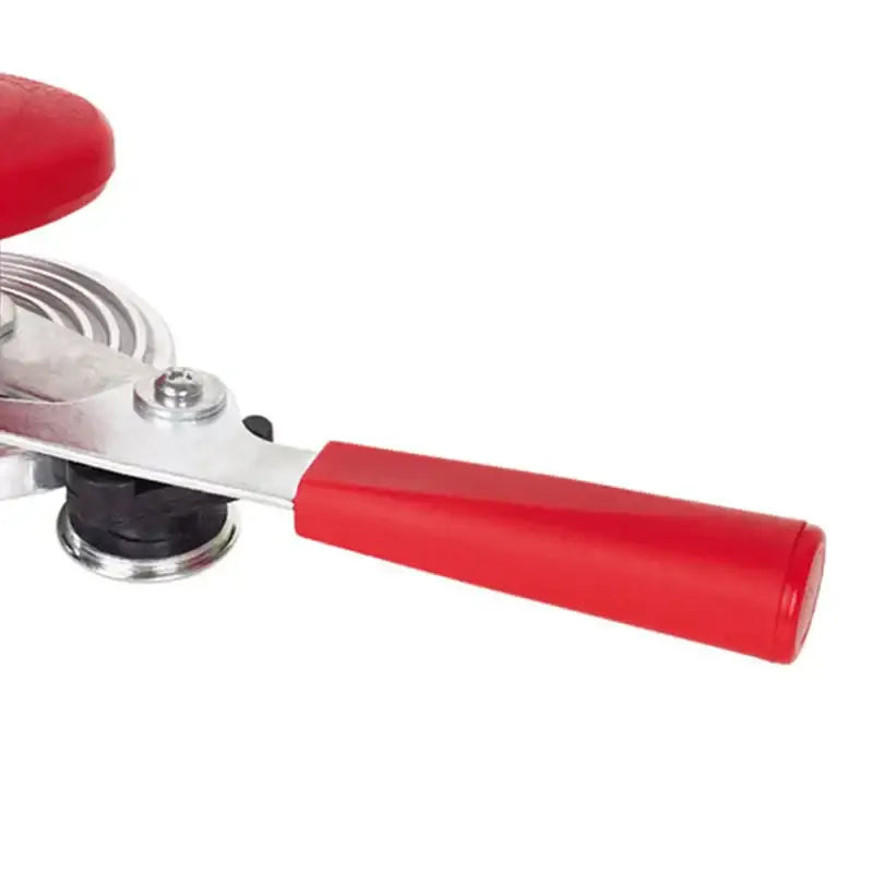 Red and black sealer crimper seaming machine with red-handled manual can opener and metallic spiral cutting mechanism