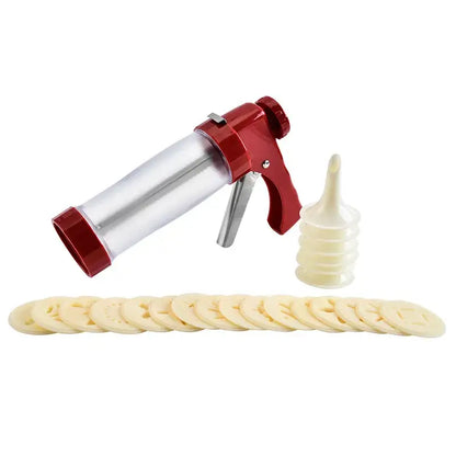 Red and clear plastic cream cake press with white silicone nozzle for uniform cookie cream cake decorbites cookie cream