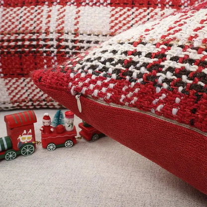Red and cream buffalo plaid cushion cover with red white and black textured knit pattern from decorbites buffalo decor
