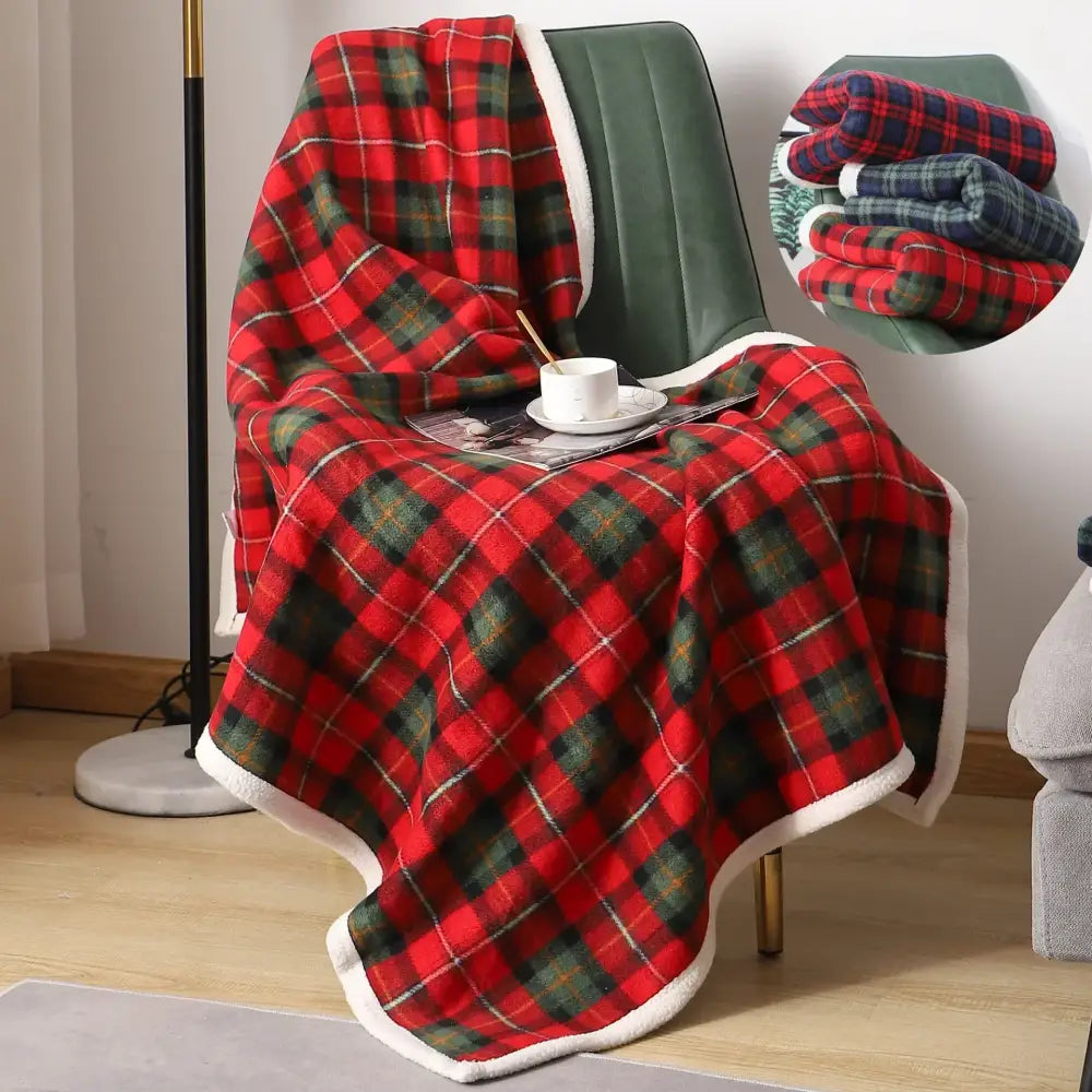 Red and green plaid cozy coral fleece throw blanket with plush white fleece border for bedroom decorbites cozy coral use