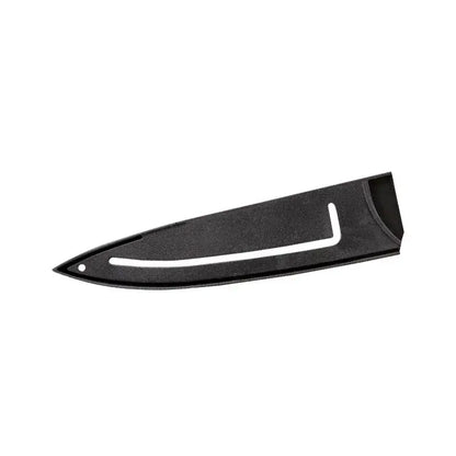 Black plastic knife blade protector cover with white accent line for red and silver striped kitchen guard