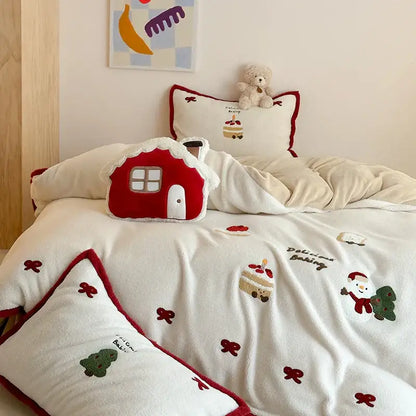 Red and white plush house pillow with embroidered windows and door from decorbites cartoon embroidered bedding set