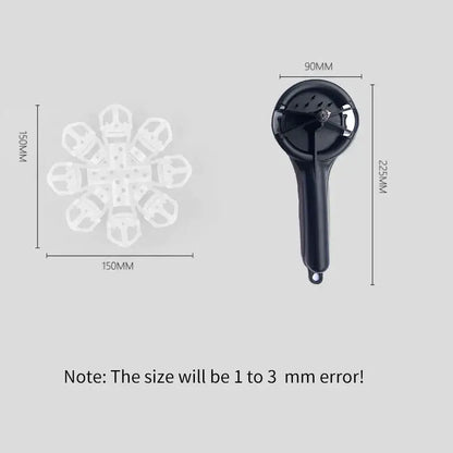 Black plastic kitchen strainer with handle and perforated head shown with white counterpart for espresso machine cleaning brush