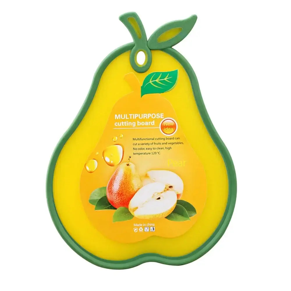 Yellow and green pear-shaped silicone cutting board with decorative leaf design durable fruit shape kitchen tray