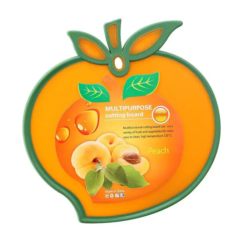 Orange peach-shaped durable fruit shape cutting board with green leafy top and apricot print for kitchen use