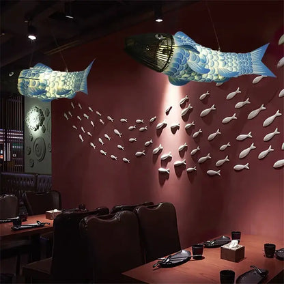 Blue and white decorbites bamboo fish pendant lights with intricate scale patterns for living room chandelier decor