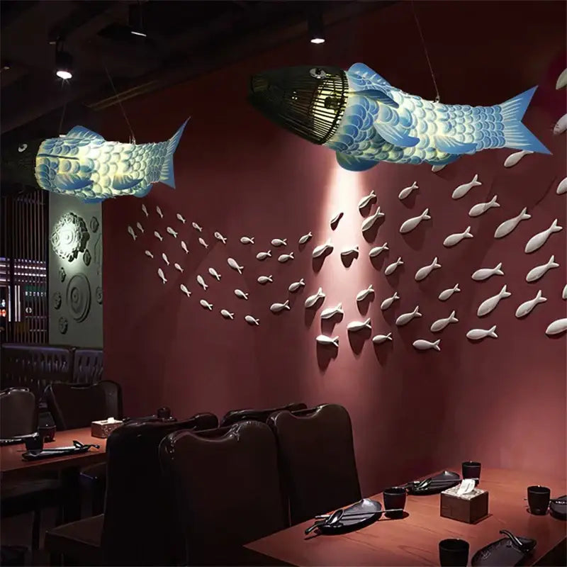 Blue and white decorbites bamboo fish pendant lights with intricate scale patterns for living room chandelier decor